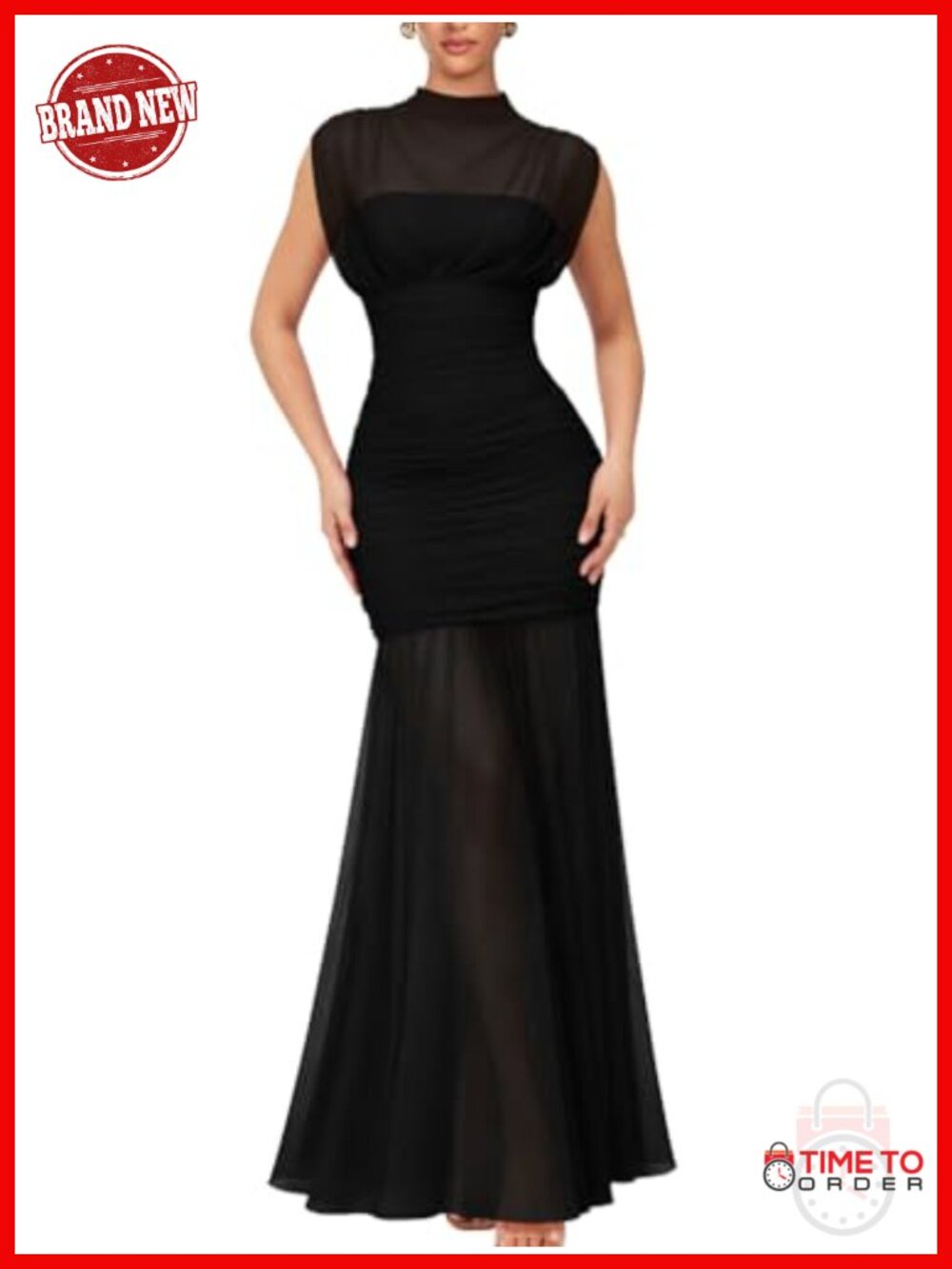 Women's Sleeveless Mesh High Neck Ruched Cocktail Maxi Dress